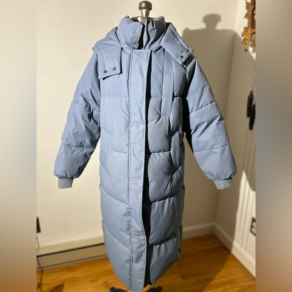 Long Puffer Coat in Light Blue- Small